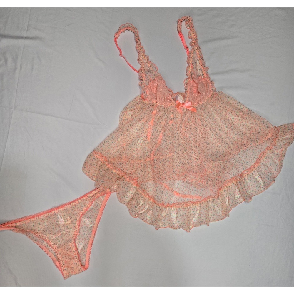 NWT Victoria's Secret Ditsy Floral Sheer Bright Lingerie Set Sz Small Adj Straps - Picture 1 of 10